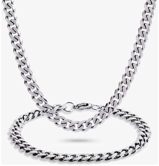 Men's Bold Diamond Cut 7mm Silver Curb Chain and Bracelet Set