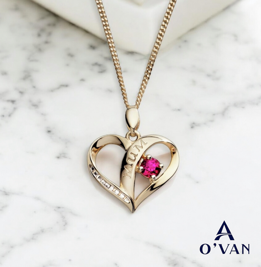 9ct Gold Mum Heart Pendant Necklace with Lab Ruby